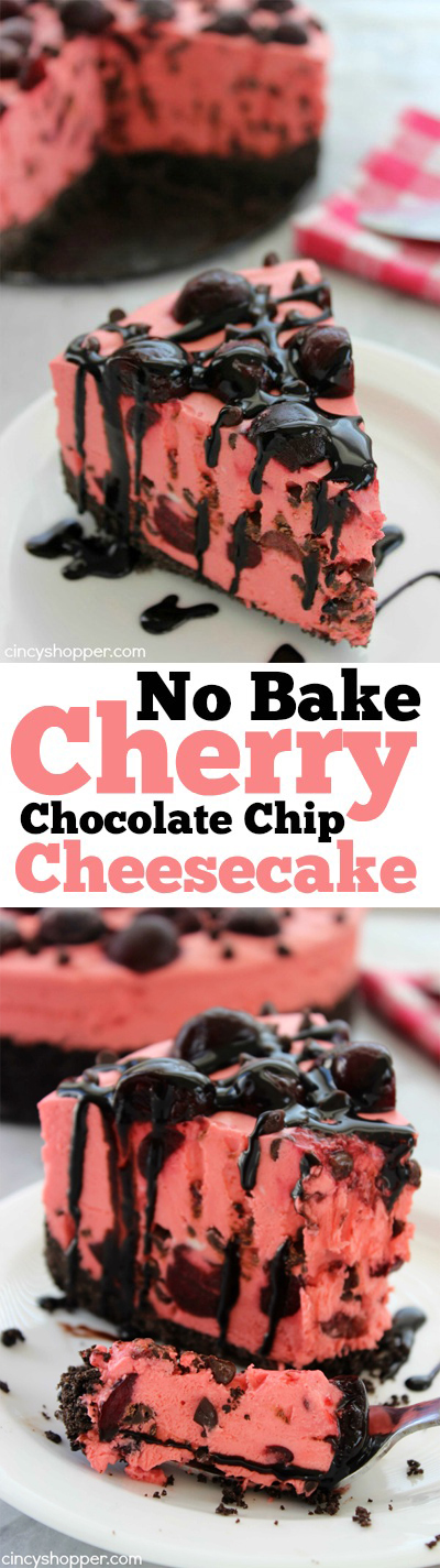 No Bake Cherry Chocolate Chip Cheesecake - Super simple no bake dessert. Loads of cherries and chocolate chips. Perfect for summer.