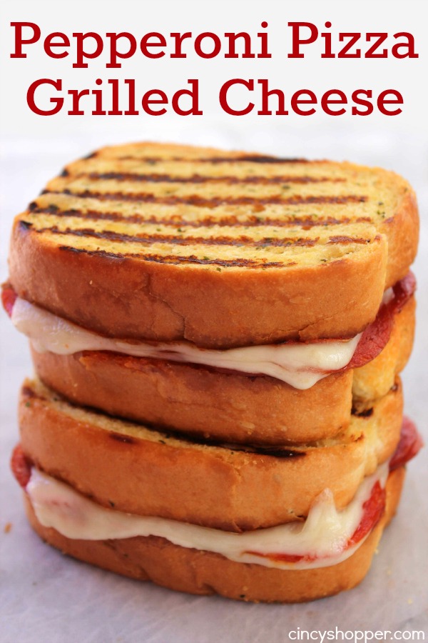 Pepperoni Pizza Grilled Cheese Sandwich- a fun twist on a traditional favorite. Garlic Toast layered with marinara, tons of pepperoni, and mozzarella cheese.