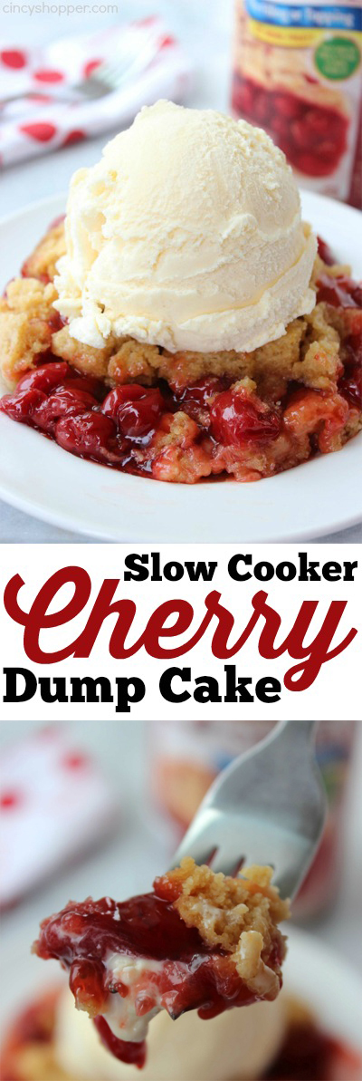 Slow Cooker Cherry Dump Cake- Just three ingredients for this super tasty dessert. 