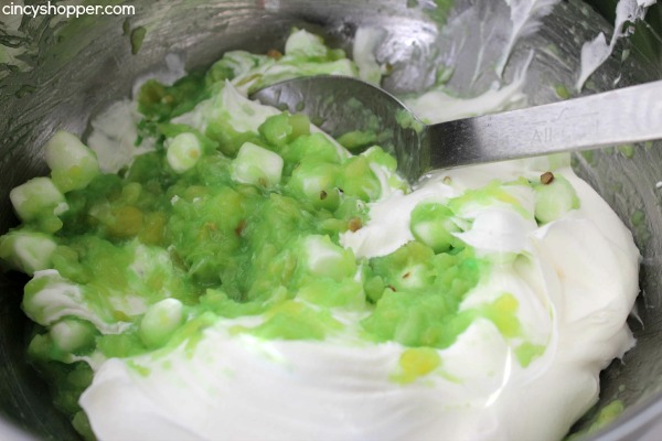 Watergate Salad- super tasty and super simple to make. All that is needed is pistachio pudding, pineapple, marshmallows and some whipped topping.