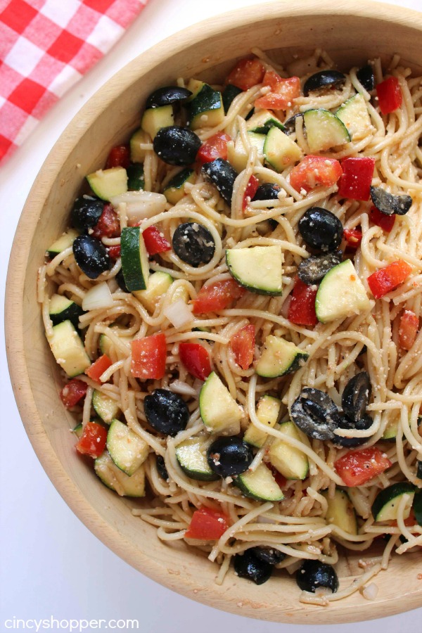California Spaghetti Pasta Salad - Perfect summer salad loaded with zucchini, cucumbers, peppers and more!