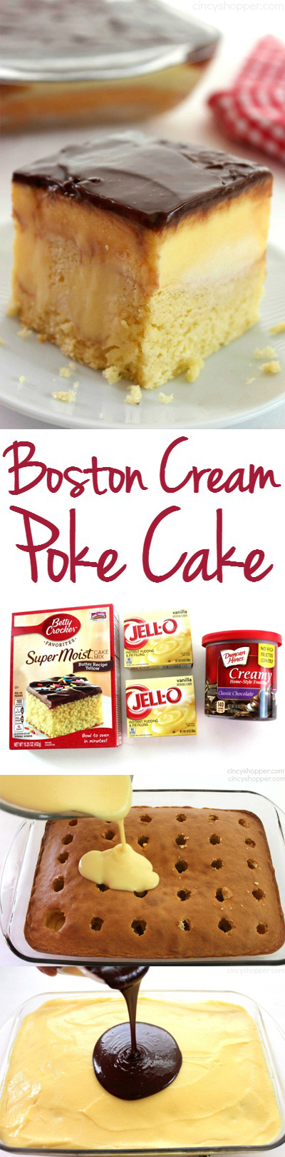 Boston Cream Poke Cake - so super simple and uses a boxed cake mix, pudding, and store bought frosting. Great for potlucks and summer bbq dessert.