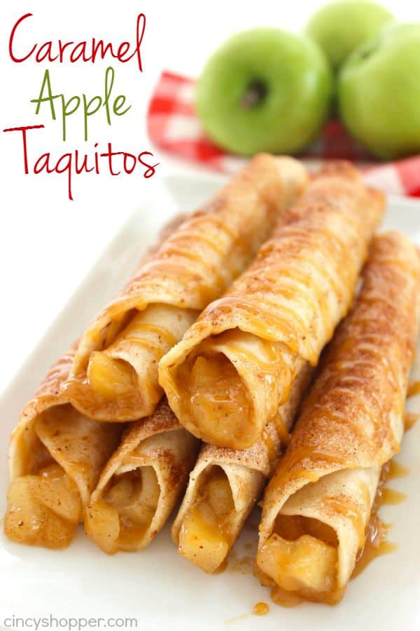 Caramel Apple Taquitos -flour tortillas loaded with apple pie filling, cinnamon sugar, and caramel. Great fall dessert.
