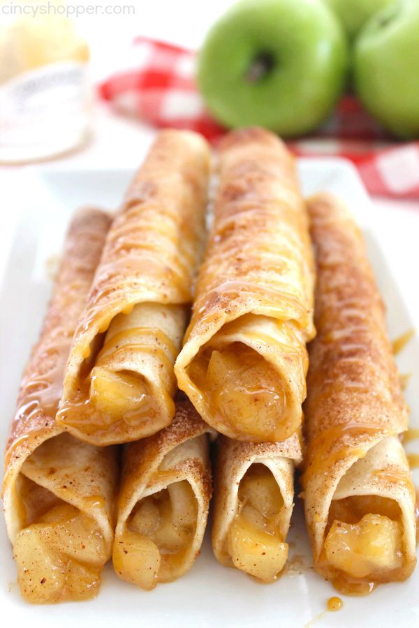 Caramel Apple Taquitos -flour tortillas loaded with apple pie filling, cinnamon sugar, and caramel. Great fall dessert.