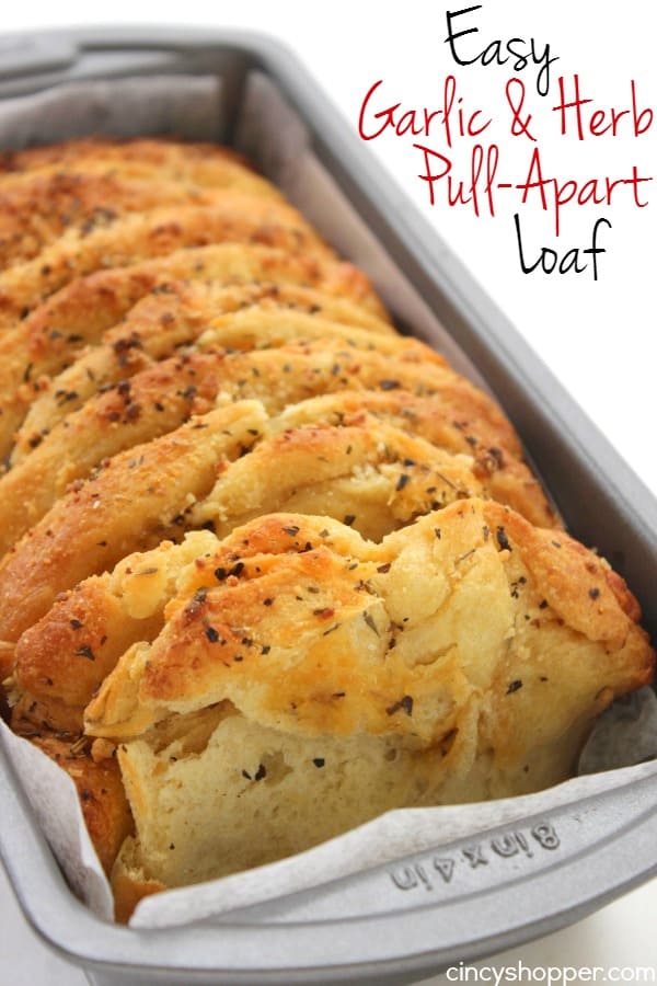 Easy Garlic and Herb Pull-Apart makes for a quick dinner side or even a snack. Since we use store bought biscuits for this loaf a few ingredients, it can be made in just a few minutes time. 