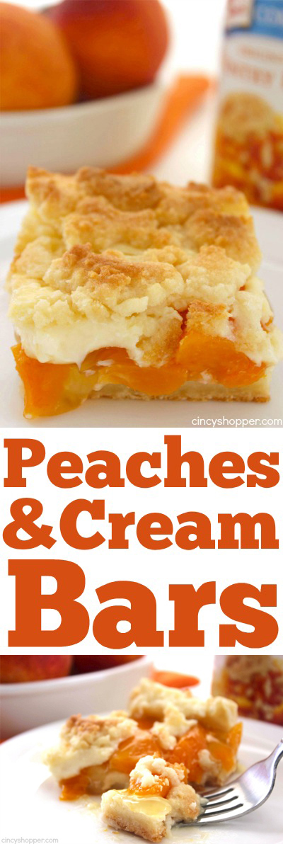 Peaches and Cream Bars - Super simple recipe that can be made with fresh or canned peaches. Great for a summer bbq or evening dessert.