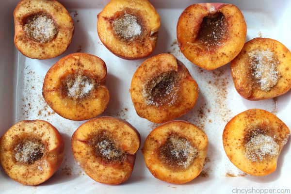 Baked Peaches - with brown sugar and cinnamon make these peaches AMAZING!. Enjoy them “as is” or top with a scoop of vanilla ice cream for a sweet and creamy dessert.