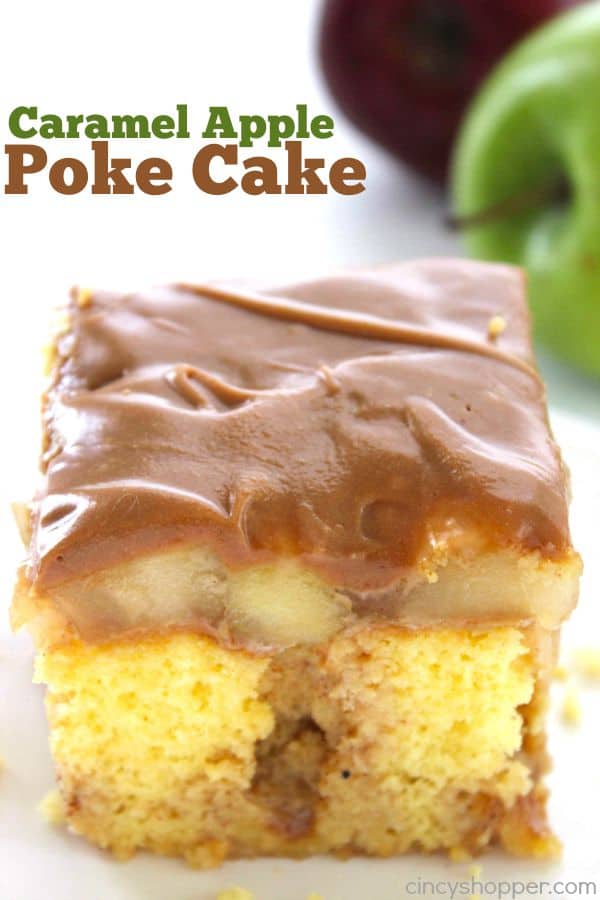 Caramel Apple Poke Cake -loaded with great cinnamon, apples and caramel. Perfect for serving at your next fall potluck.