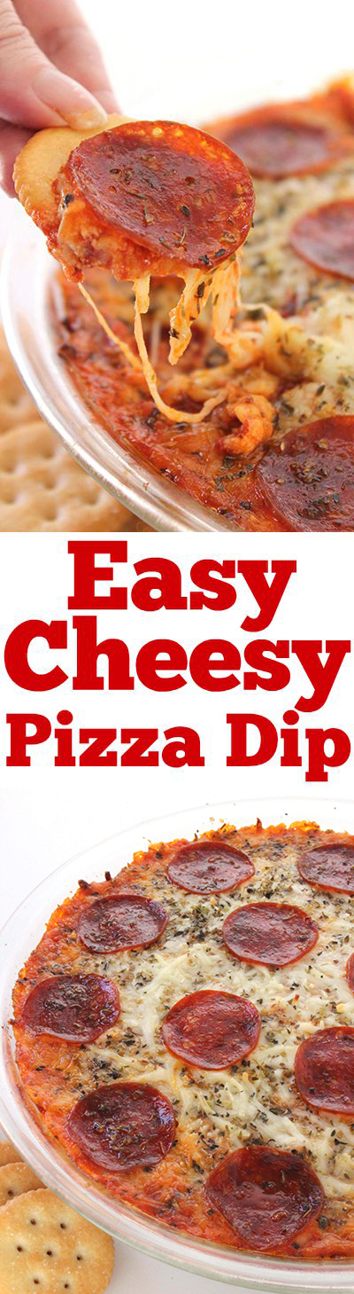 Easy Cheesy Pizza Dip - simple hot dip that is perfect appetizer for serving a crowd. You will find a cream cheese layer with Italian Spices, a layer of pizza sauce, pepperoni, and lots of cheese