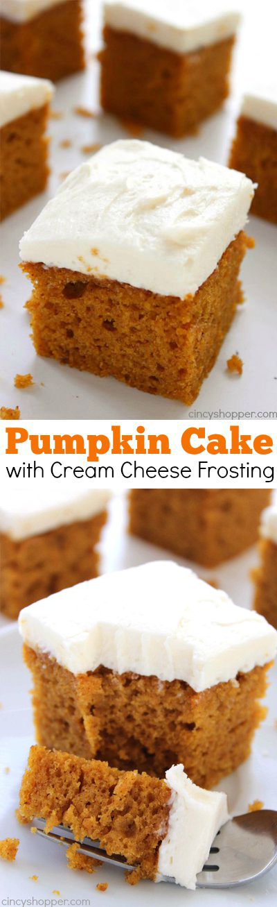 Pumpkin Cake with Cream Cheese Frosting - This super moist cake is so easy to whip up for Thanksgiving or a holiday party.