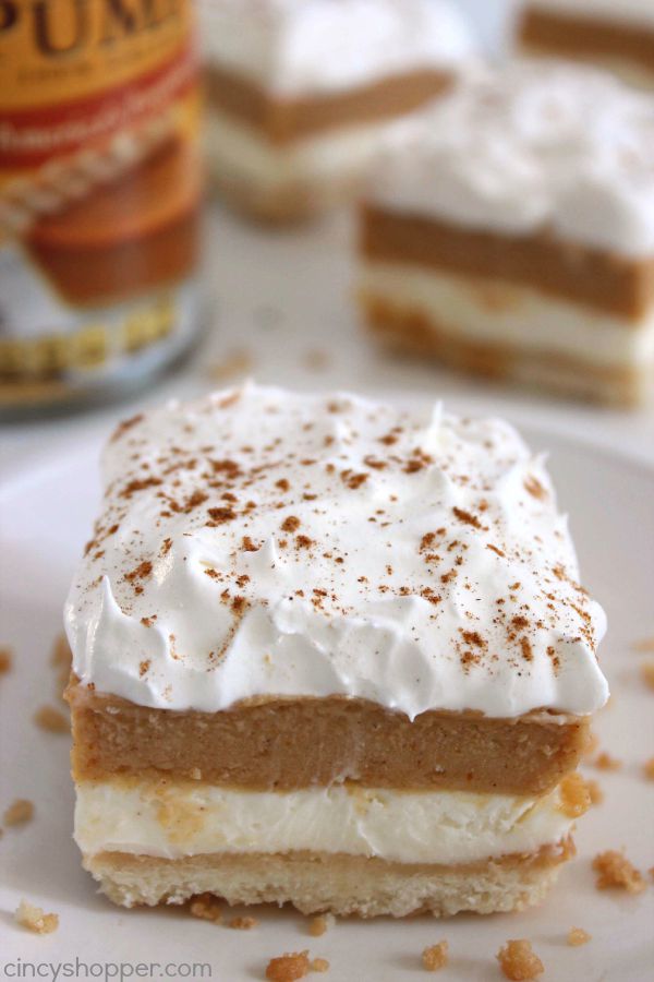 Pumpkin Lush Bars -Delicious fall layered dessert. Simple to make. Great for Thanksgiving dessert.