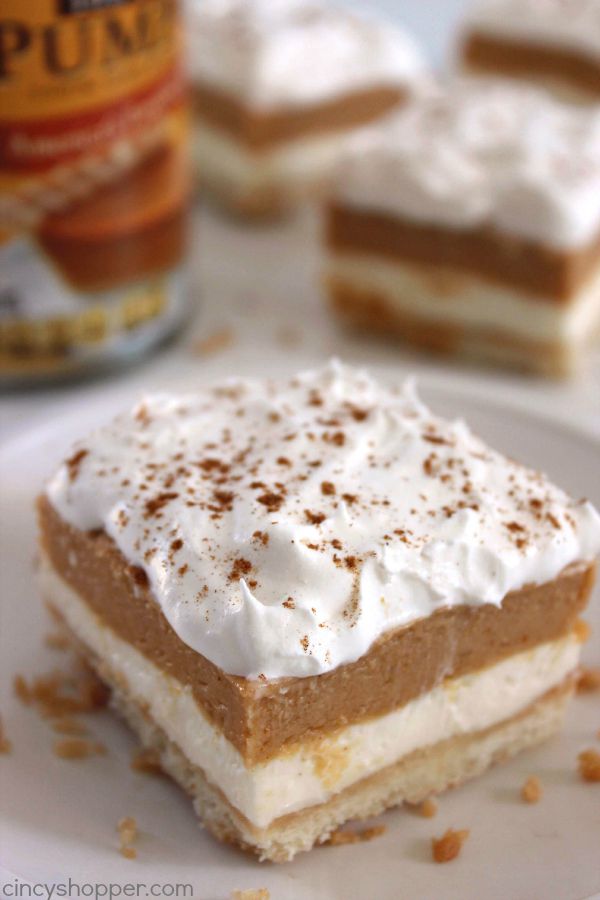 Pumpkin Lush Bars -Delicious fall layered dessert. Simple to make. Great for Thanksgiving dessert.
