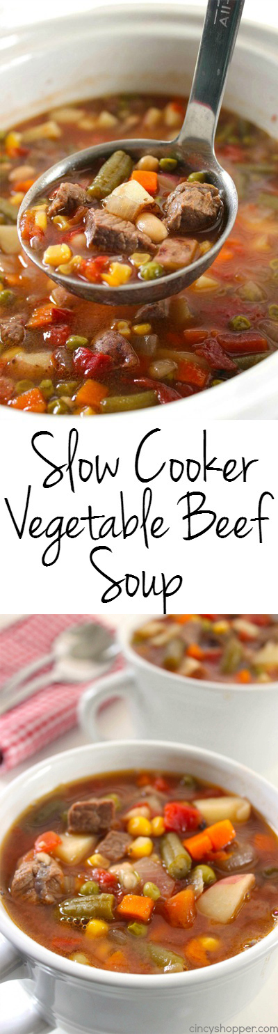 Slow Cooker Vegetable Beef Soup - loaded with lots of vegetables, beef and tons of flavor! Perfect fall and winter soup made right in your Crock-Pot. 