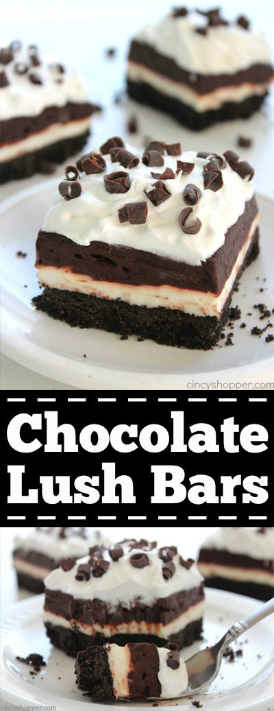 Chocolate Lush Bars - Perfect No Bake dessert. Oreo cookie crust tastes amazing with the cream cheese and chocolate pudding layer.