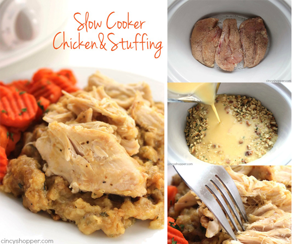 Easy Slow Cooker Chicken and Stuffing - ust a couple chicken breasts and some Stove Top stuffing in the Crock-Pot and we have a comfort meal that is so super easy.