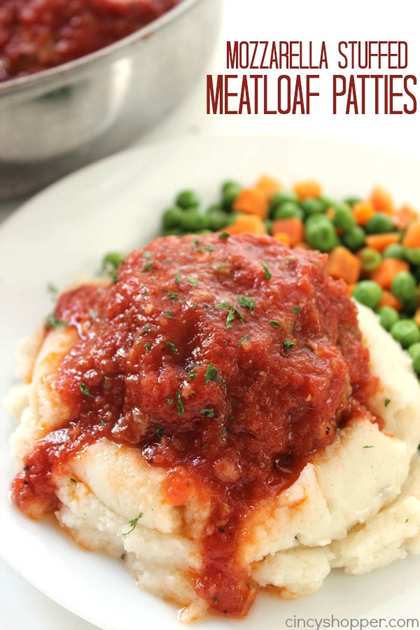 Mozzarella Stuffed Meatloaf Patties - Easy family meal idea. Tomato based sauce is great especially when paired with mashed potatoes. Perfect comfort food.