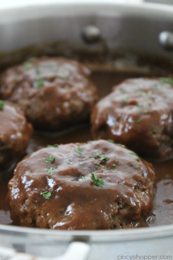 Salisbury Steaks with gravy in a pan