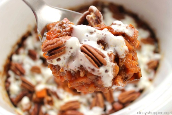 Slow Cooker Sweet Potato Casserole -No need to use precious oven space. Grab your Crock-Pot and get this traditional Thanksgiving side dish cooking.