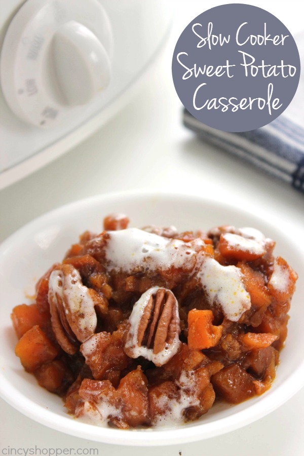 Slow Cooker Sweet Potato Casserole -No need to use precious oven space. Grab your Crock-Pot and get this traditional Thanksgiving side dish cooking.