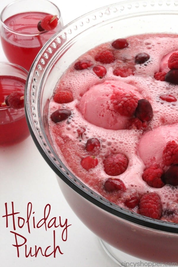Holiday Punch - super Christmas punch idea. Loaded with cranberry, raspberry, lemon-lime flavors, and then topped with raspberry sherbet, it is sure to be a favorite at your holiday parties.