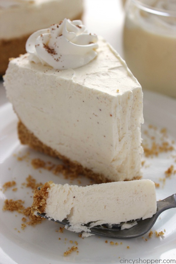 No Bake Eggnog Cheesecake - Even if you are not a fan of Eggnog, you will love this easy cheesecake. Perfect holiday dessert.