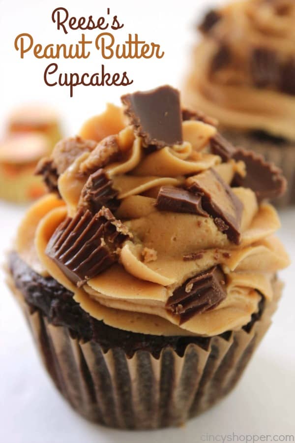 Reese's Peanut Butter Cupcakes - simple chocolate cupcake stuffed with a Reese's Miniature then topped with a creamy peanut butter frosting.