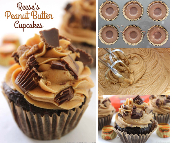 Reese's Peanut Butter Cupcakes - simple chocolate cupcake stuffed with a Reese's Miniature then topped with a creamy peanut butter frosting.