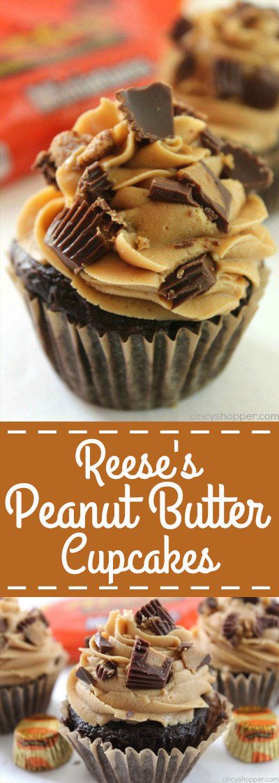 Reese's Peanut Butter Cupcakes - simple chocolate cupcake stuffed with a Reese's Miniature then topped with a creamy peanut butter frosting.