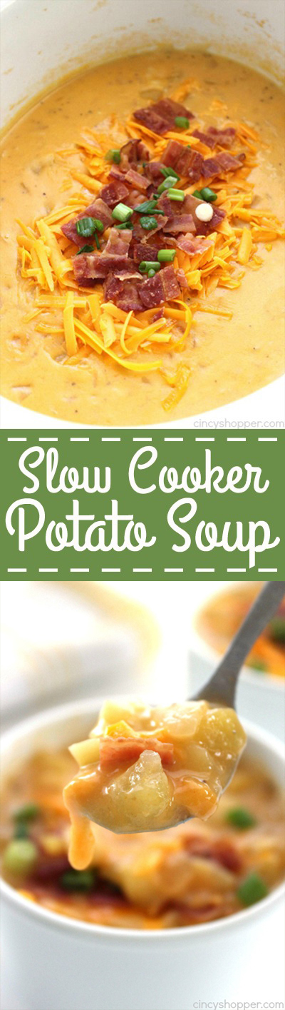 Slow Cooker Potato Soup - loaded with cheese and topped with bacon makes for a perfect winter meal. This cheesy soup is super simple and cooks all day right in your Crock-Pot.