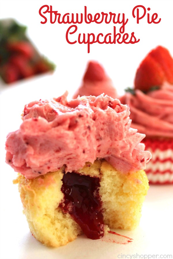 Strawberry Pie Cupcakes- Stuffed with strawberry pie filling and topped them off with the best strawberry butter cream frosting.