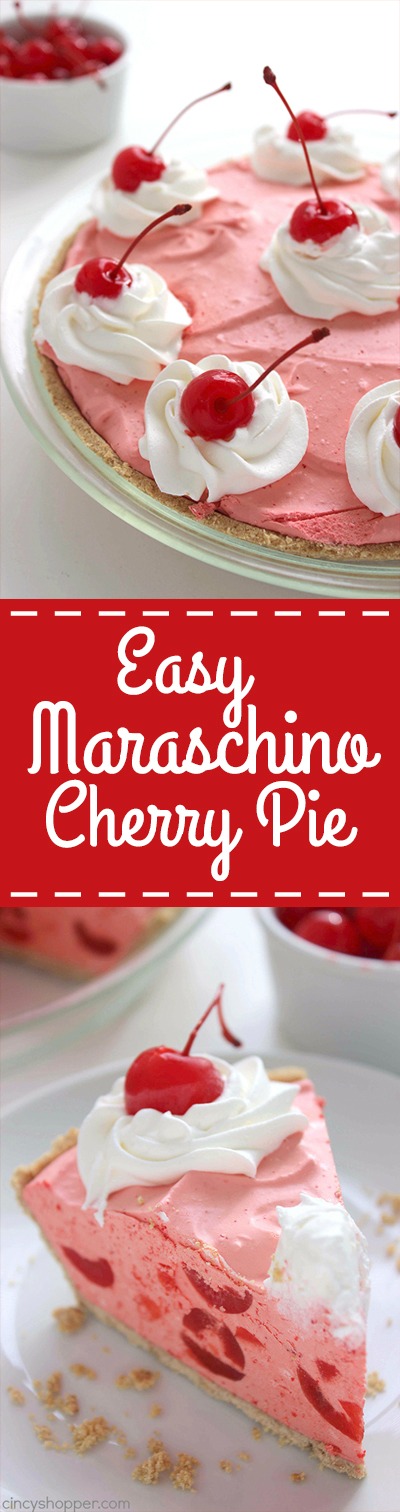 Easy Maraschino Cherry Pie - perfect pie for your summer BBQs. Light and fluffy. Full of sweet maraschino cherry flavor.
