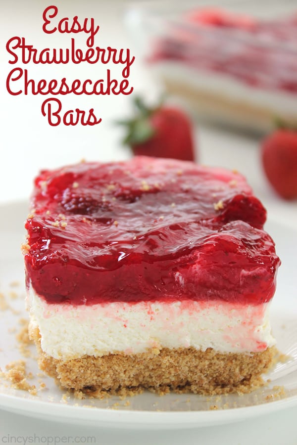 Easy Strawberry Cheesecake Bars - perfect for feeding a crowd at picnics, BBQ's and potlucks. Just a few ingredients and little time to whip up this tasty dessert.