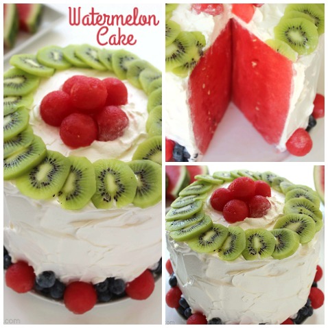 Easy Watermelon Cake - a perfect picnic dessert. With just a watermelon and Cool-Whip you can whip up this tasty summer treat in just a few minutes time.