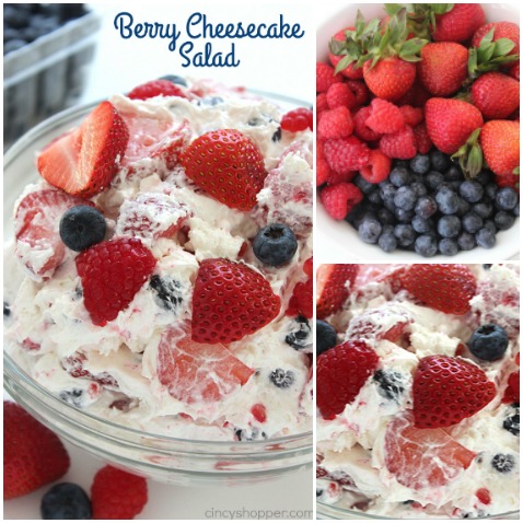 Berry Cheesecake Salad - not your average salad. It is loaded with strawberries, blueberries, raspberries, and great cheesecake flavors. Perfect side dish for summer bbqs or any potluck.