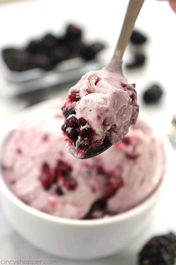 No Churn Blackberry Ice Cream - super easy with No Ice Cream Machine needed. Plump blackberries are a perfect blend with the ice cream mixture.
