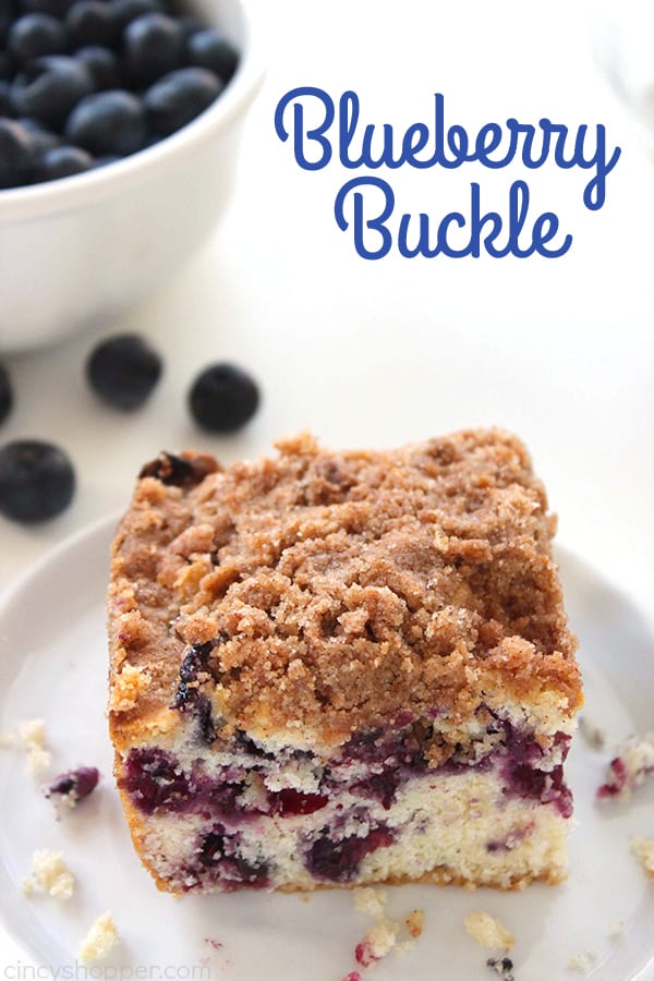 Blueberry Buckle - perfect for breakfast, snack, or dessert.. Plump blueberries meet up with a coffee muffin type cake then topped with a cinnamon and butter streusel. 