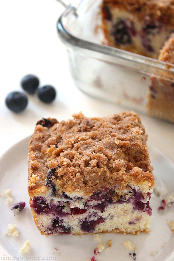 Blueberry Buckle - perfect for breakfast, snack, or dessert.. Plump blueberries meet up with a coffee muffin type cake then topped with a cinnamon and butter streusel.