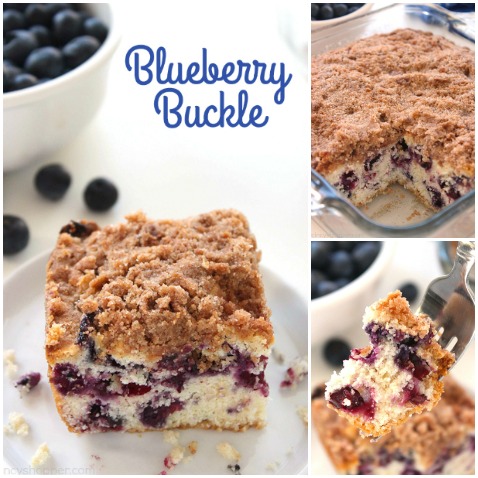 Blueberry Buckle - perfect for breakfast, snack, or dessert.. Plump blueberries meet up with a coffee muffin type cake then topped with a cinnamon and butter streusel.