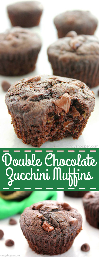 Double Chocolate Zucchini Muffins - Super Moist. Loaded with double the chocolate and perfect for using up your left over garden zucchini.