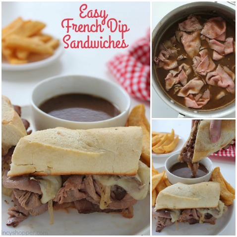Easy French Dip Sandwiches - perfect quick family dinner. Store bought deli roast beef, cheese, onions, and homemade au jus for dipping. PERFECT!