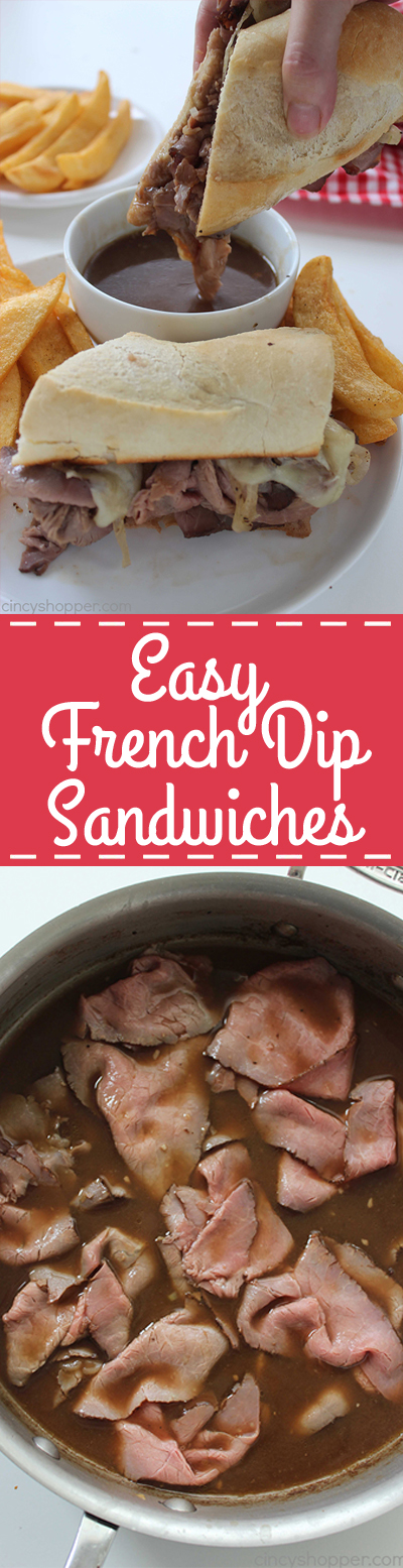 Easy French Dip Sandwiches - perfect quick family dinner. Store bought deli roast beef, cheese, onions, and homemade au jus for dipping. PERFECT!