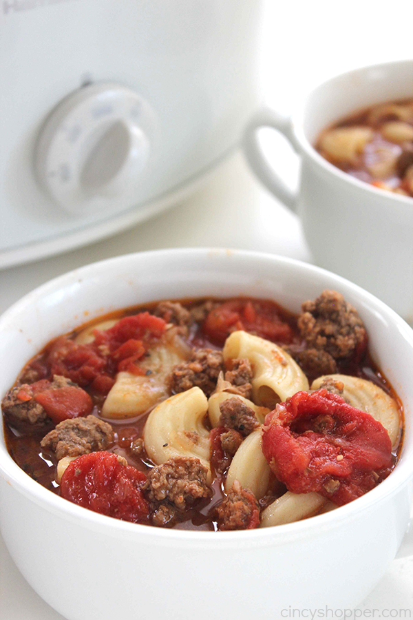 Slow Cooker Beef and Tomato Macaroni Soup - Simple to make right in your Crock-Pot. Loaded with ground beef, tomatoes, macaroni, and tons of flavor!