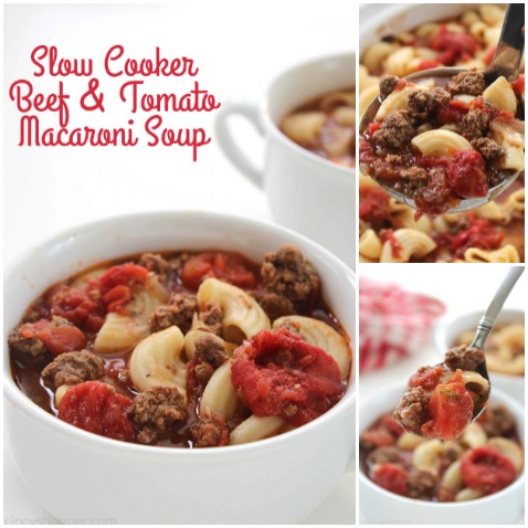 Slow Cooker Beef and Tomato Macaroni Soup - Simple to make right in your Crock-Pot. Loaded with ground beef, tomatoes, macaroni, and tons of flavor!