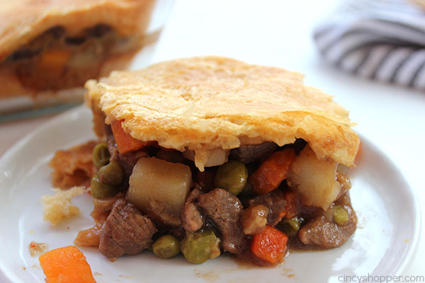Easy Beef Pot Pie Casserole uses store bought Crescent Rolls and frozen veggies, it is a super simple family friendly dinner idea.