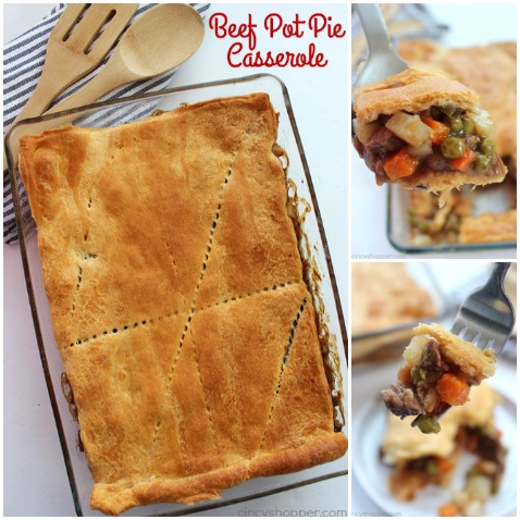 Easy Beef Pot Pie Casserole uses store bought Crescent Rolls and frozen veggies, it is a super simple family friendly dinner idea.