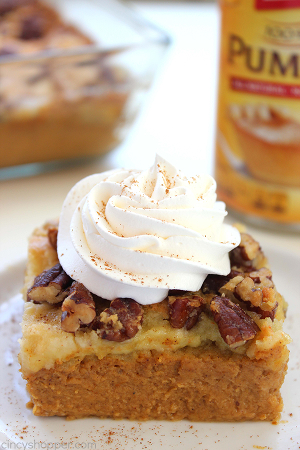 Pumpkin Dump Cake - Such an easy fall dessert. Just mix up your ingredients, dump in a pan, and toss in the oven. Delicious dessert for the holidays.