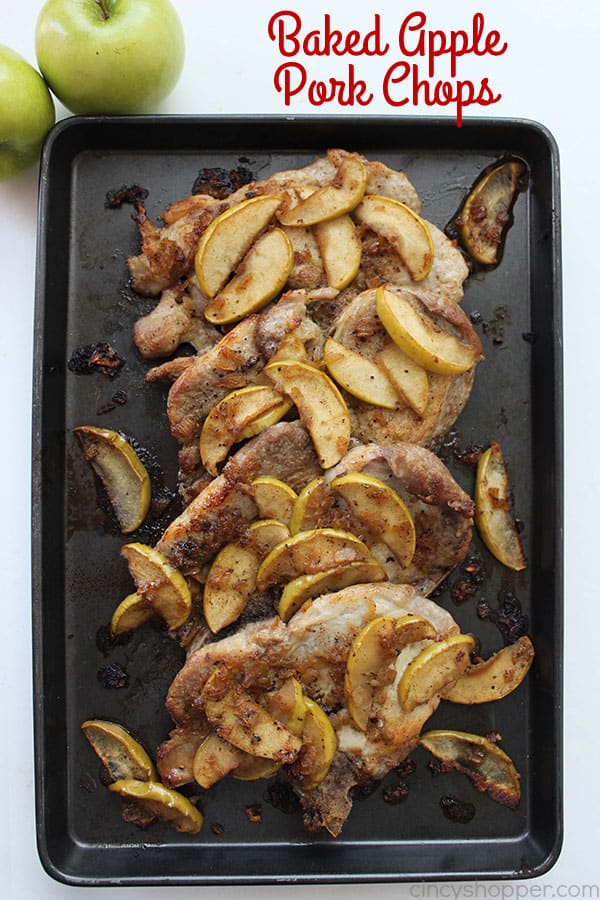 Baked Apple Pork Chops- simple family dinner idea. The perfect recipe for fall. The apple compliments the pork so well. You can use Boneless or Bone-in Pork Chops.