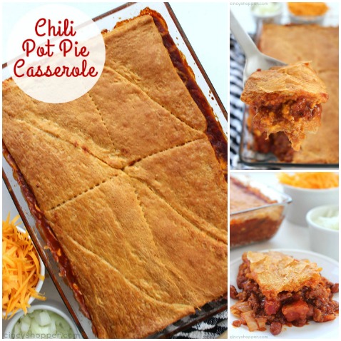 This Chili Pot Pie Casserole with crescent roll crust can be made with homemade chili or chili from a can. A perfect weeknight meal that is great for feeding a larger family.