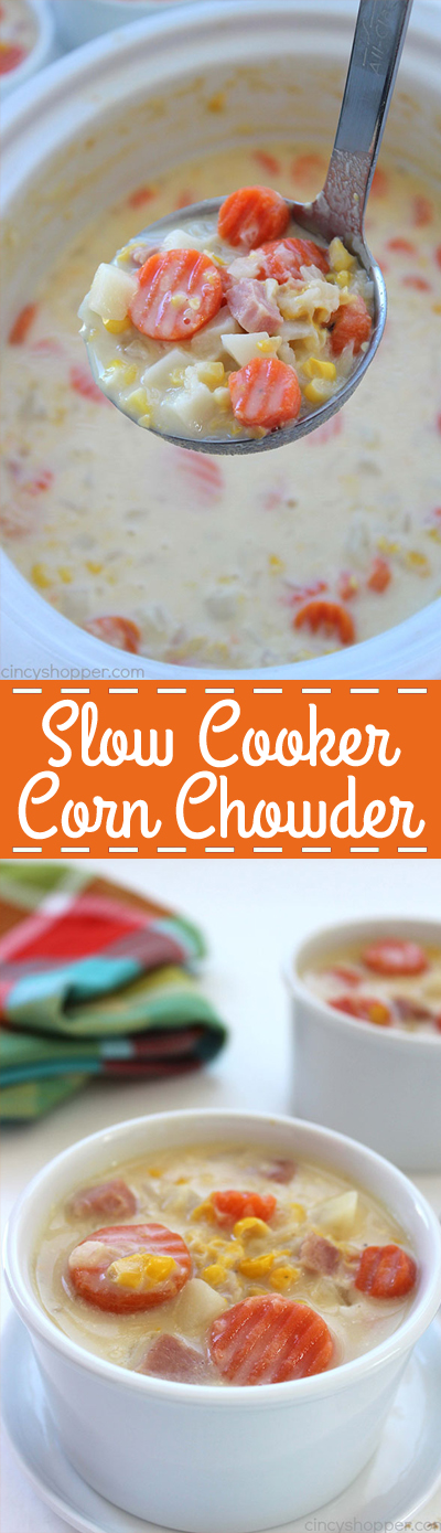 Slow Cooker Corn Chowder - Super simple. Since our recipe uses frozen potatoes, corn, carrots, and then precooked ham, it comes together quickly