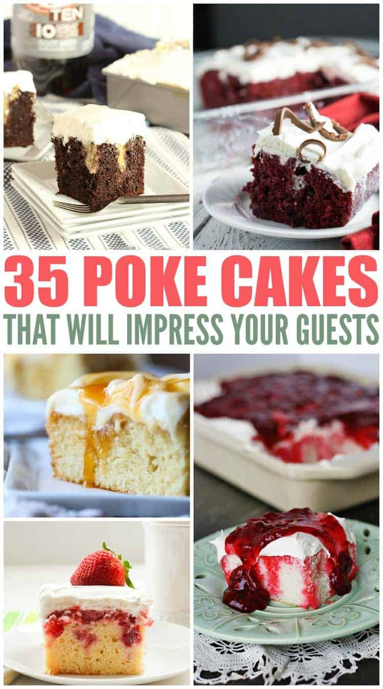 Check out this Roundup of 35+ Poke Cake Recipes! If you've never hear of a poke cake, it's rather simple and true to it's name. It is a cake that you poke holes in after baking and then fill the holes with something amazing.